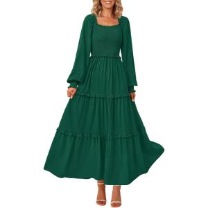 imagePRETTYGARDEN Fall Wedding Guest Dresses for Women 2025 Long Sleeve Square Neck Tiered A Line Modest Elegant Flowy DressesDark Green