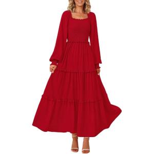 imagePRETTYGARDEN Fall Wedding Guest Dresses for Women 2025 Long Sleeve Square Neck Tiered A Line Modest Elegant Flowy DressesRed