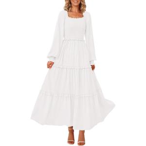 imagePRETTYGARDEN Fall Wedding Guest Dresses for Women 2025 Long Sleeve Square Neck Tiered A Line Modest Elegant Flowy DressesWhite