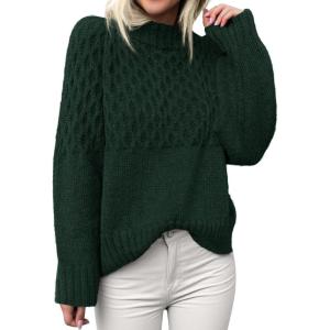 imagePRETTYGARDEN Oversized Sweaters for Women 2025 Fall Cute Cable Knit Long Sleeve Crewneck Chunky Pullover Tops Winter ClothingDark Green