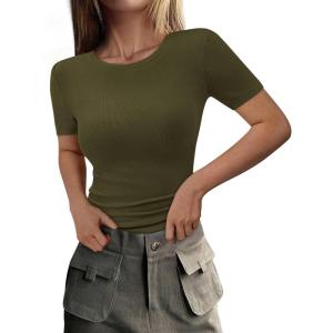 imagePRETTYGARDEN Women 2025 Summer Crew Neck Short Sleeve Tops Ribbed Knit Slim Fit Fashion Basic Tee Shirts Casual Going Out TopArmy Green