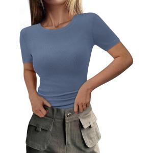 imagePRETTYGARDEN Women 2025 Summer Crew Neck Short Sleeve Tops Ribbed Knit Slim Fit Fashion Basic Tee Shirts Casual Going Out TopGrey Blue