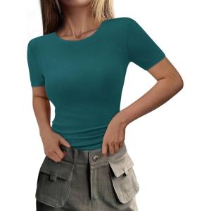 imagePRETTYGARDEN Women 2025 Summer Crew Neck Short Sleeve Tops Ribbed Knit Slim Fit Fashion Basic Tee Shirts Casual Going Out TopLake Blue