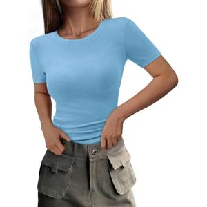 imagePRETTYGARDEN Women 2025 Summer Crew Neck Short Sleeve Tops Ribbed Knit Slim Fit Fashion Basic Tee Shirts Casual Going Out TopLight Blue