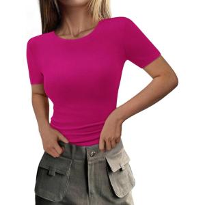 imagePRETTYGARDEN Women 2025 Summer Crew Neck Short Sleeve Tops Ribbed Knit Slim Fit Fashion Basic Tee Shirts Casual Going Out TopRose Red