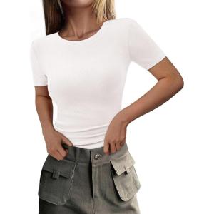 imagePRETTYGARDEN Women 2025 Summer Crew Neck Short Sleeve Tops Ribbed Knit Slim Fit Fashion Basic Tee Shirts Casual Going Out TopWhite