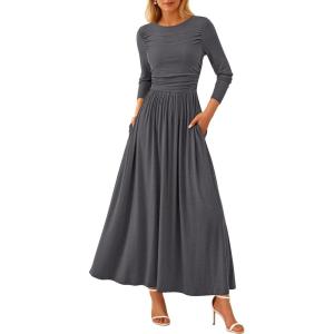 imagePRETTYGARDEN Womens 2025 Fashion Trendy Fall Long Sleeve Dresses Ruched Flowy Elegant Modest Boho Casual Beach Maxi DressGrey