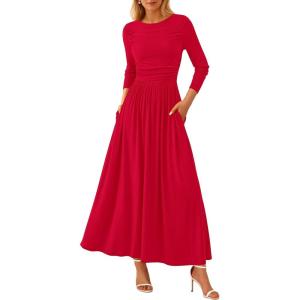 imagePRETTYGARDEN Womens 2025 Fashion Trendy Fall Long Sleeve Dresses Ruched Flowy Elegant Modest Boho Casual Beach Maxi DressRed