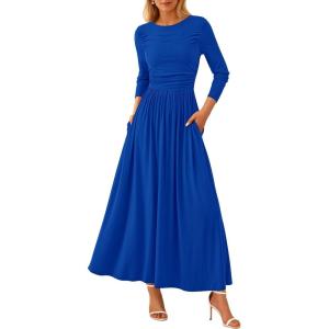 imagePRETTYGARDEN Womens 2025 Fashion Trendy Fall Long Sleeve Dresses Ruched Flowy Elegant Modest Boho Casual Beach Maxi DressRoyal Blue