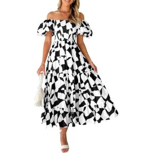imagePRETTYGARDEN Womens 2025 Summer Boho Midi Dress Off Shoulder Puff Sleeve Print Smocked Ruffle Beach Long Flowy DressesBlack