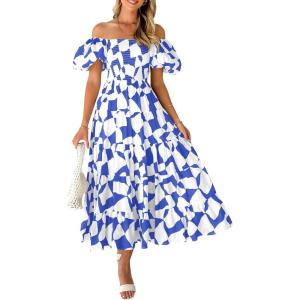 imagePRETTYGARDEN Womens 2025 Summer Boho Midi Dress Off Shoulder Puff Sleeve Print Smocked Ruffle Beach Long Flowy DressesBlue