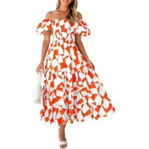 imagePRETTYGARDEN Womens 2025 Summer Boho Midi Dress Off Shoulder Puff Sleeve Print Smocked Ruffle Beach Long Flowy DressesOrange
