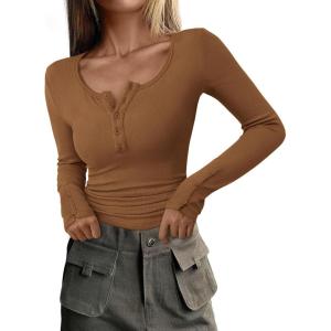 imagePRETTYGARDEN Womens 2025 Summer Long Sleeve Henley T Shirts Ribbed Knit Button Slim Fitted Basic Casual Going Out Fall TopsBrown