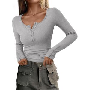 imagePRETTYGARDEN Womens 2025 Summer Long Sleeve Henley T Shirts Ribbed Knit Button Slim Fitted Basic Casual Going Out Fall TopsGrey