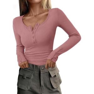 imagePRETTYGARDEN Womens 2025 Summer Long Sleeve Henley T Shirts Ribbed Knit Button Slim Fitted Basic Casual Going Out Fall TopsGrey Pink