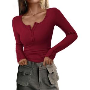 imagePRETTYGARDEN Womens 2025 Summer Long Sleeve Henley T Shirts Ribbed Knit Button Slim Fitted Basic Casual Going Out Fall TopsWine Red