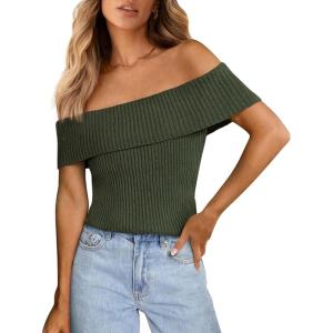 imagePRETTYGARDEN Womens 2025 Summer Off Shoulder Sweater Tops Ribbed Knit Short Sleeve Trendy Going Out Date Night BlouseArmy Green