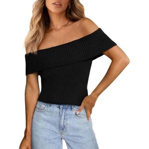 imagePRETTYGARDEN Womens 2025 Summer Off Shoulder Sweater Tops Ribbed Knit Short Sleeve Trendy Going Out Date Night BlouseBlack