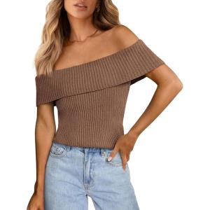 imagePRETTYGARDEN Womens 2025 Summer Off Shoulder Sweater Tops Ribbed Knit Short Sleeve Trendy Going Out Date Night BlouseCoffee