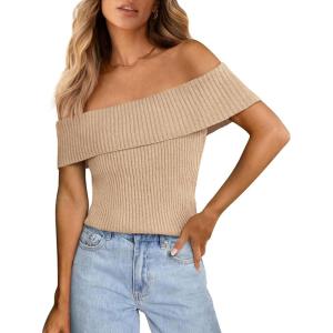 imagePRETTYGARDEN Womens 2025 Summer Off Shoulder Sweater Tops Ribbed Knit Short Sleeve Trendy Going Out Date Night BlouseKhaki