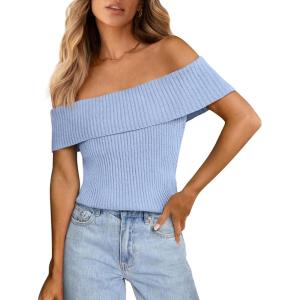 imagePRETTYGARDEN Womens 2025 Summer Off Shoulder Sweater Tops Ribbed Knit Short Sleeve Trendy Going Out Date Night BlouseLight Blue