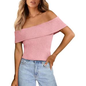 imagePRETTYGARDEN Womens 2025 Summer Off Shoulder Sweater Tops Ribbed Knit Short Sleeve Trendy Going Out Date Night BlousePink
