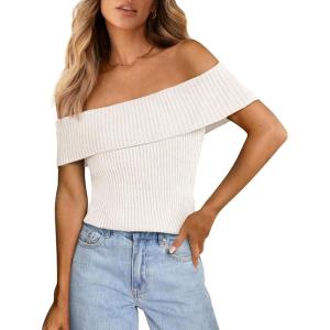 imagePRETTYGARDEN Womens 2025 Summer Off Shoulder Sweater Tops Ribbed Knit Short Sleeve Trendy Going Out Date Night BlouseWhite