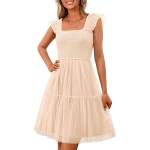 imagePRETTYGARDEN Womens 2025 Trendy Mini Summer Dresses Sleeveless Tulle Ruffle Square Neck Tiered Smocked Beach Vacation DressApricot