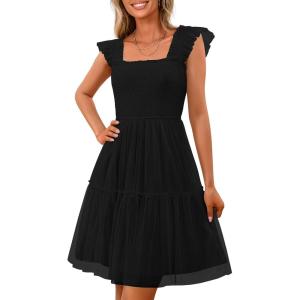 imagePRETTYGARDEN Womens 2025 Trendy Mini Summer Dresses Sleeveless Tulle Ruffle Square Neck Tiered Smocked Beach Vacation DressBlack