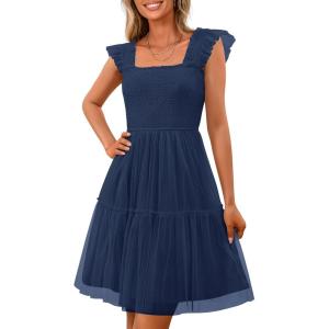 imagePRETTYGARDEN Womens 2025 Trendy Mini Summer Dresses Sleeveless Tulle Ruffle Square Neck Tiered Smocked Beach Vacation DressNavy