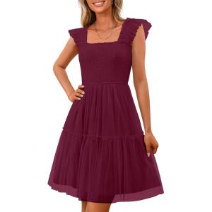 imagePRETTYGARDEN Womens 2025 Trendy Mini Summer Dresses Sleeveless Tulle Ruffle Square Neck Tiered Smocked Beach Vacation DressWine Red