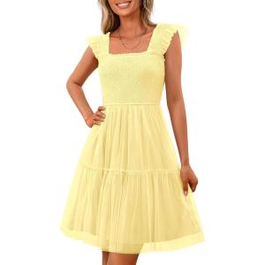 imagePRETTYGARDEN Womens 2025 Trendy Mini Summer Dresses Sleeveless Tulle Ruffle Square Neck Tiered Smocked Beach Vacation DressYellow