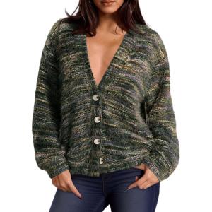 imagePRETTYGARDEN Womens Cardigan Sweaters Fall Fashion 2025 Striped Long Sleeve Button V Neck Knit Fuzzy Outerwear Winter ClothesArmy Green