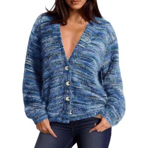 imagePRETTYGARDEN Womens Cardigan Sweaters Fall Fashion 2025 Striped Long Sleeve Button V Neck Knit Fuzzy Outerwear Winter ClothesBlue