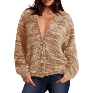 imagePRETTYGARDEN Womens Cardigan Sweaters Fall Fashion 2025 Striped Long Sleeve Button V Neck Knit Fuzzy Outerwear Winter ClothesKhaki