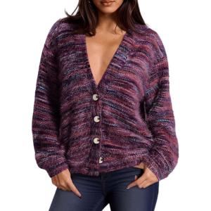 imagePRETTYGARDEN Womens Cardigan Sweaters Fall Fashion 2025 Striped Long Sleeve Button V Neck Knit Fuzzy Outerwear Winter ClothesPurple