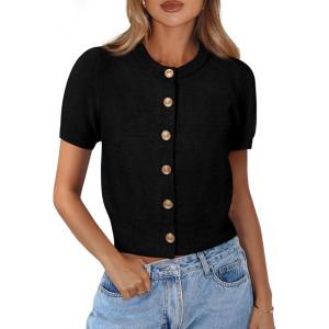 imagePRETTYGARDEN Womens Casual Summer Short Sleeve Cardigans 2025 Button Down Knitted Sweater Basic Crew Neck Crop TopsBlack