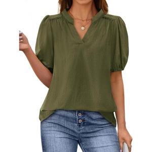 imagePRETTYGARDEN Womens Casual Summer Tops 2025 V Neck Short Puff Sleeve Pleated Cotton T Shirts Loose Dressy BlousesArmy Green