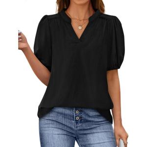 imagePRETTYGARDEN Womens Casual Summer Tops 2025 V Neck Short Puff Sleeve Pleated Cotton T Shirts Loose Dressy BlousesBlack