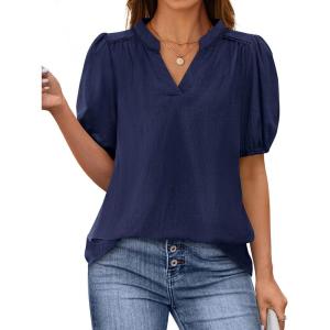 imagePRETTYGARDEN Womens Casual Summer Tops 2025 V Neck Short Puff Sleeve Pleated Cotton T Shirts Loose Dressy BlousesNavy