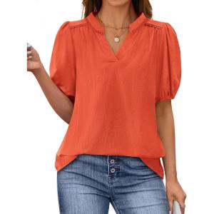 imagePRETTYGARDEN Womens Casual Summer Tops 2025 V Neck Short Puff Sleeve Pleated Cotton T Shirts Loose Dressy BlousesOrange Red