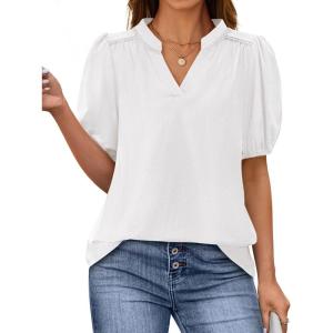 imagePRETTYGARDEN Womens Casual Summer Tops 2025 V Neck Short Puff Sleeve Pleated Cotton T Shirts Loose Dressy BlousesWhite
