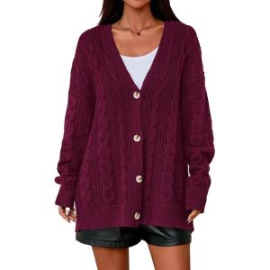 imagePRETTYGARDEN Womens Chunky Cardigan Sweaters 2025 Fall Oversized Cable Knit Long Sleeve Open Front Cardigans Winter ClothingBurgundy