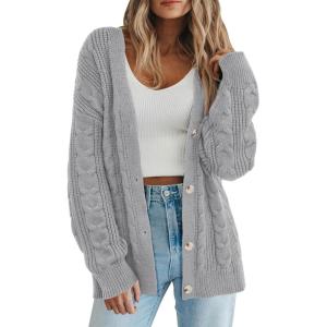 imagePRETTYGARDEN Womens Chunky Cardigan Sweaters 2025 Fall Oversized Cable Knit Long Sleeve Open Front Cardigans Winter ClothingGrey