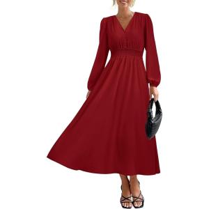 imagePRETTYGARDEN Womens Long Sleeve Maxi Dress 2025 Fall Trendy Elegant V Neck Flowy Wedding Guest Holiday Formal Long DressesJujube Red