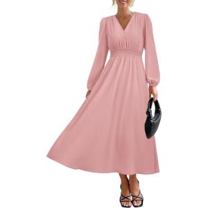 imagePRETTYGARDEN Womens Long Sleeve Maxi Dress 2025 Fall Trendy Elegant V Neck Flowy Wedding Guest Holiday Formal Long DressesPink