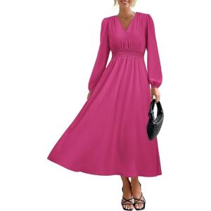 imagePRETTYGARDEN Womens Long Sleeve Maxi Dress 2025 Fall Trendy Elegant V Neck Flowy Wedding Guest Holiday Formal Long DressesRose Red