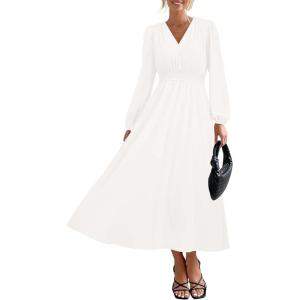 imagePRETTYGARDEN Womens Long Sleeve Maxi Dress 2025 Fall Trendy Elegant V Neck Flowy Wedding Guest Holiday Formal Long DressesWhite