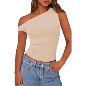 imagePRETTYGARDEN Womens Off Shoulder Tops 2025 Summer Trendy Casual Crop Top Cute Fitted Going Out Tshirts ShirtsBeige
