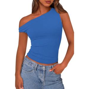 imagePRETTYGARDEN Womens Off Shoulder Tops 2025 Summer Trendy Casual Crop Top Cute Fitted Going Out Tshirts ShirtsBlue
